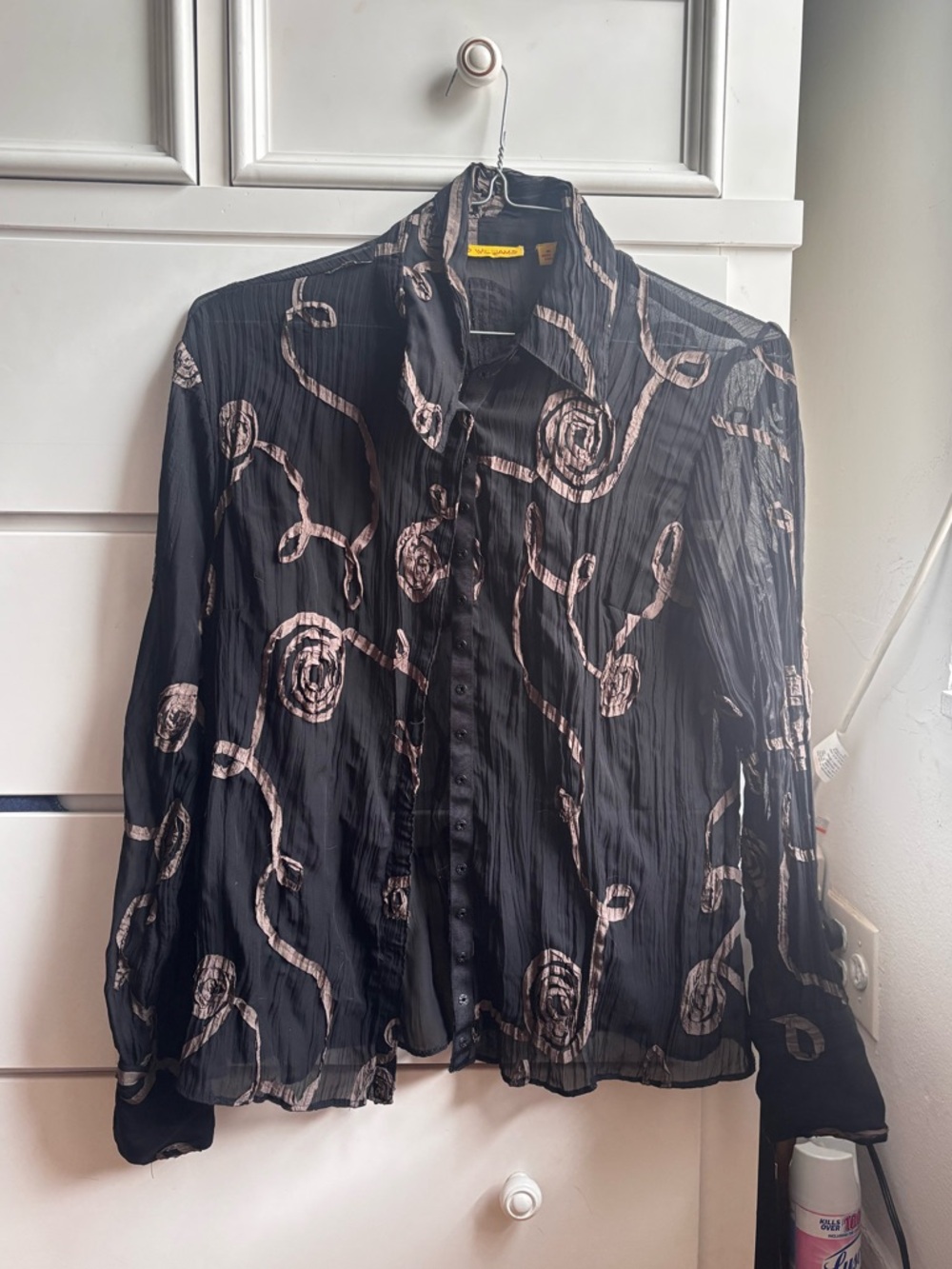 Y2k sheer Button-Up Shirt with Beige Swirl Pattern